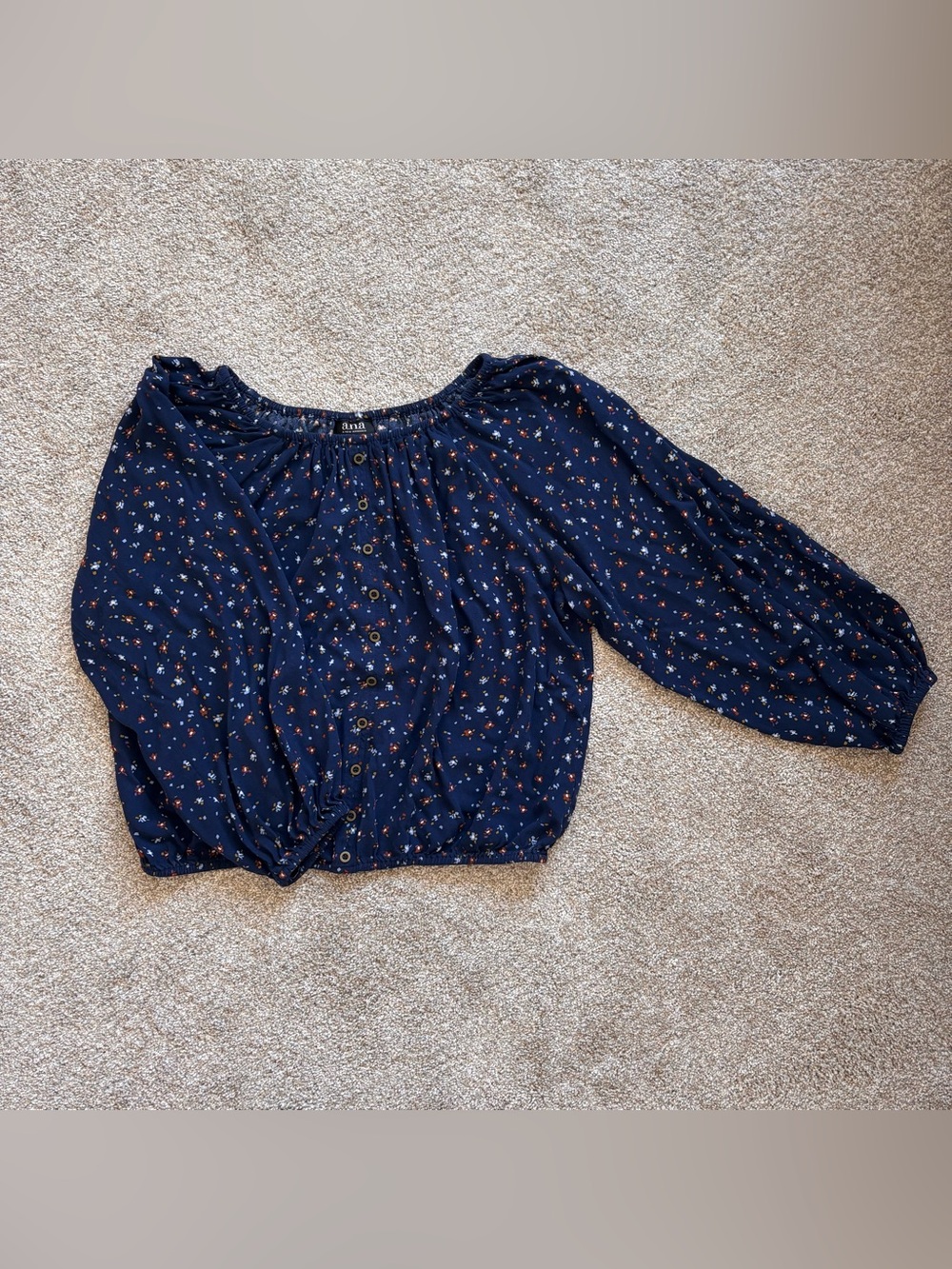 Navy Floral Button-Front Peasant Blouse